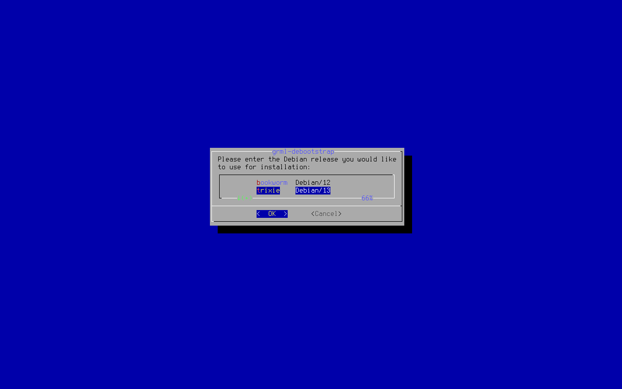Dialog grml-debootstrap meminta memilih rilis Debian: bookworm Debian 12 atau trixie Debian 13
