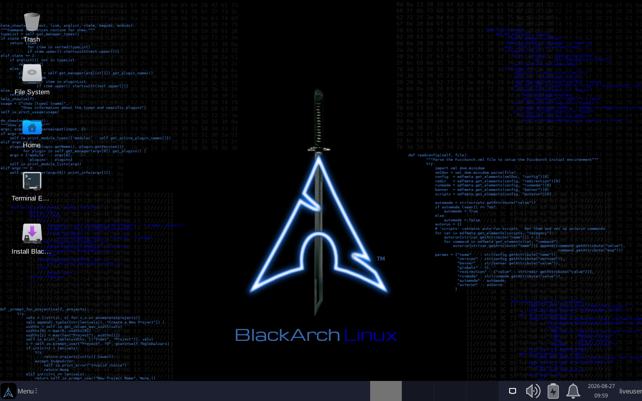 Desktop BlackArch Linux dengan ikon Trash, File System, Home, Terminal Emulator, dan Install BlackArch di kiri layar, wallpaper logo pedang BlackArch Linux besar di tengah, taskbar minimalis di bagian bawah