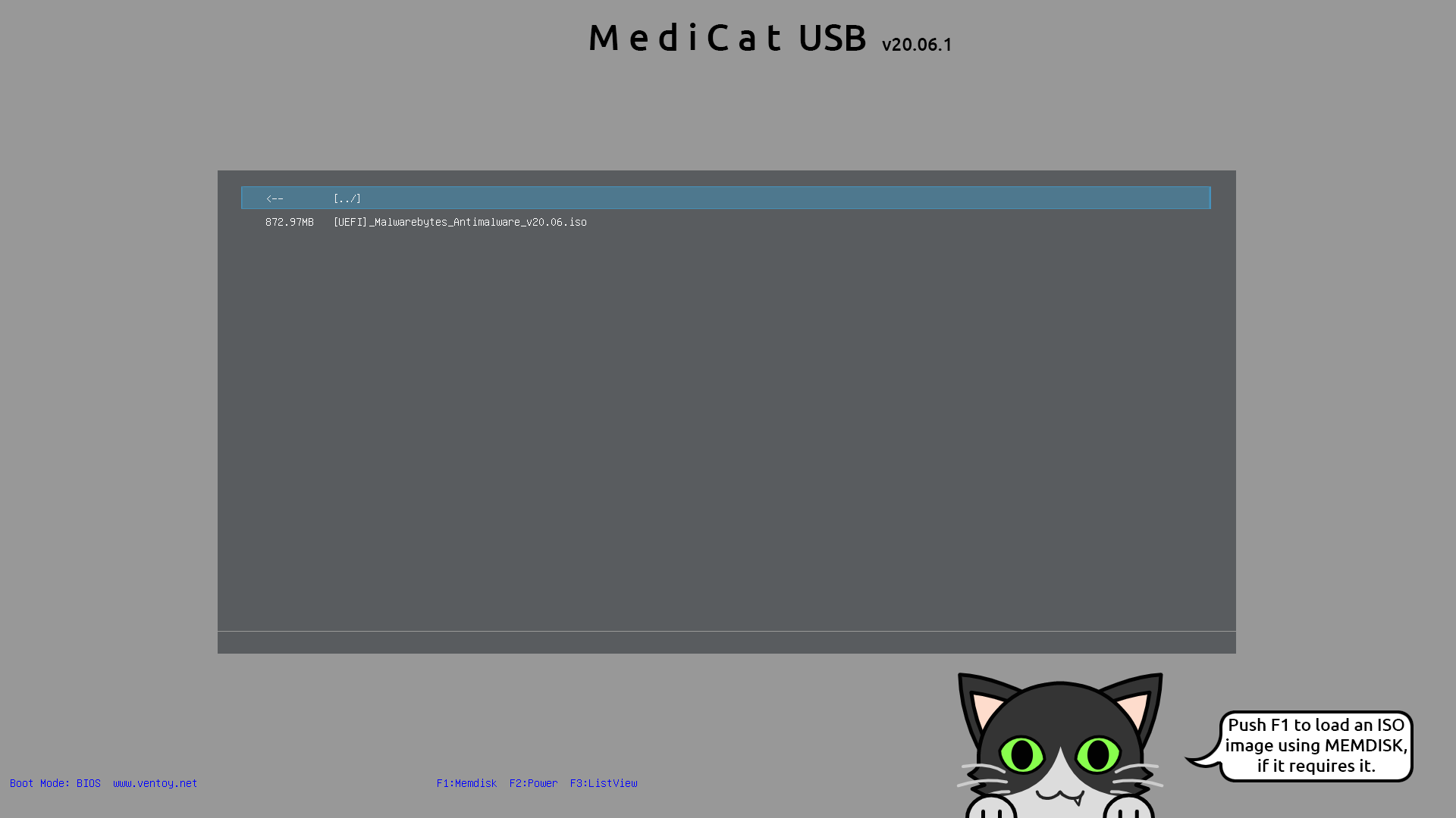 Isi folder Antivirus MediCat USB menampilkan Malwarebytes Antimalware v20.06 ISO berukuran 872.97MB
