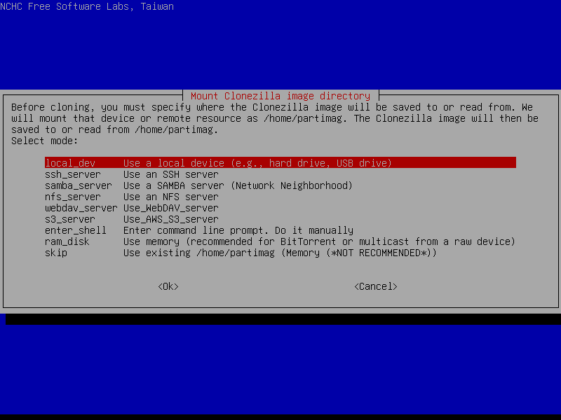 Dialog Mount Clonezilla image directory dengan pilihan local_dev tersorot merah serta ssh_server samba_server nfs_server webdav_server s3_server ram_disk dan skip