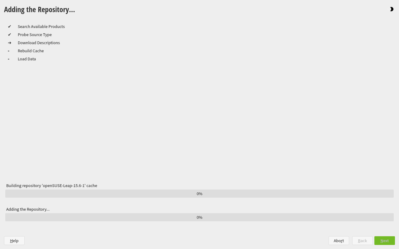 Layar Adding the Repository openSUSE sedang membangun cache repositori openSUSE-Leap-15.6-1