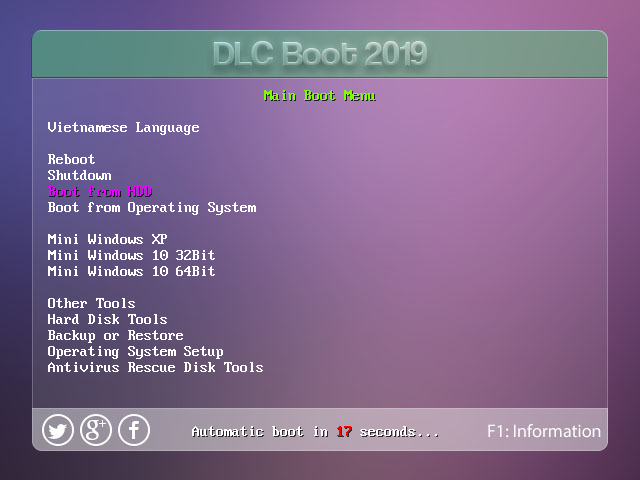 Menu boot DLC Boot 2019 mode Legacy dengan 13 pilihan, seluruhnya bahasa Inggris