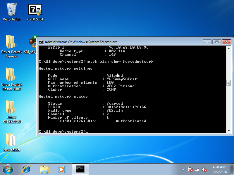 Output netsh wlan show hostednetwork menunjukkan Channel 2 dan Radio type 802.11n meski SSID diberi nama LPComp5GTest