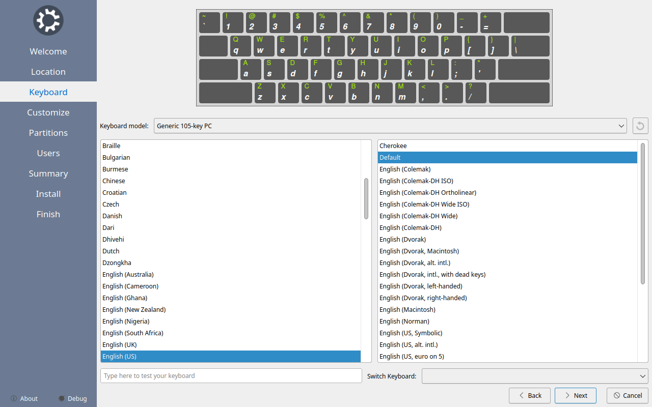 Layar Keyboard pemasang Kubuntu dengan pilihan tata letak dan kolom uji ketik