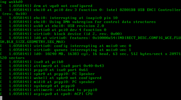 Layar teks hijau di atas hitam berisi pesan boot kernel NetBSD yang mendeteksi perangkat: wskbd0, ehci0 USB EHCI Controller, virtio0 block device, ld0 10240 MB, isa0, attimer0, pcppi0 speaker, dan acpicpu0