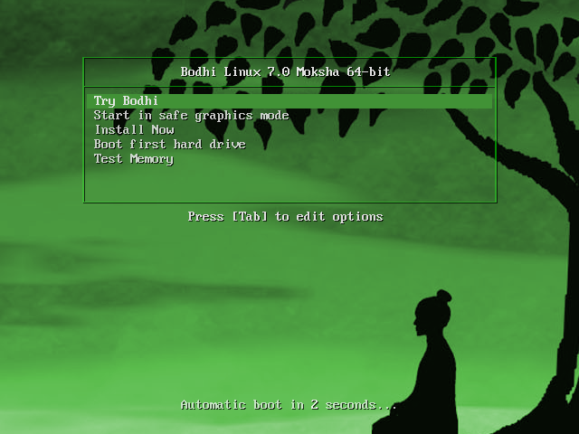 Menu boot Bodhi Linux 7.0 Moksha 64-bit dengan pilihan Try Bodhi, Start in safe graphics mode, Install Now, Boot first hard drive, Test Memory, dan latar gambar siluet Buddha duduk di bawah pohon
