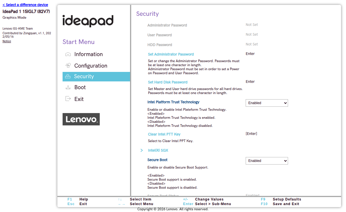 Menu Security IdeaPad dengan Secure Boot dan dropdown Enabled