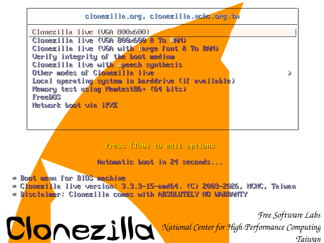 Menu boot Clonezilla Live 3.3.3-15 amd64 dengan pilihan Clonezilla live VGA 800x600 tersorot dan logo Clonezilla oranye di bagian bawah