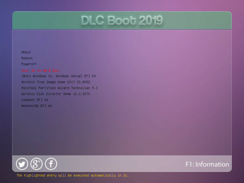 Menu boot DLC Boot 2019 mode UEFI dengan 10 pilihan, tampilan berbeda dari mode Legacy