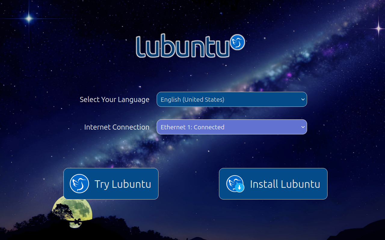 Layar pertama Lubuntu dengan pilihan bahasa, koneksi internet, dan tombol Try Lubuntu atau Install Lubuntu