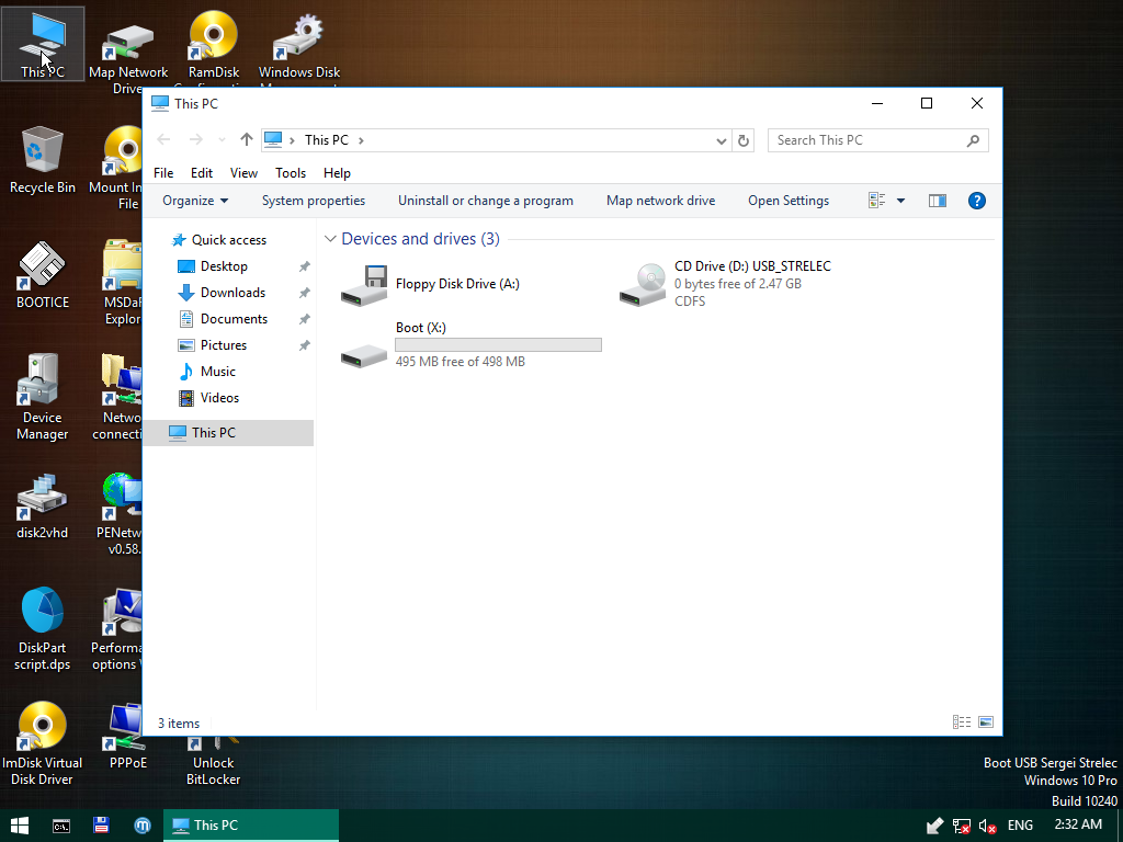This PC di WinPE Strelec menampilkan Floppy Disk Drive, CD Drive USB_STRELEC, dan Boot X dengan 495 MB free of 498 MB