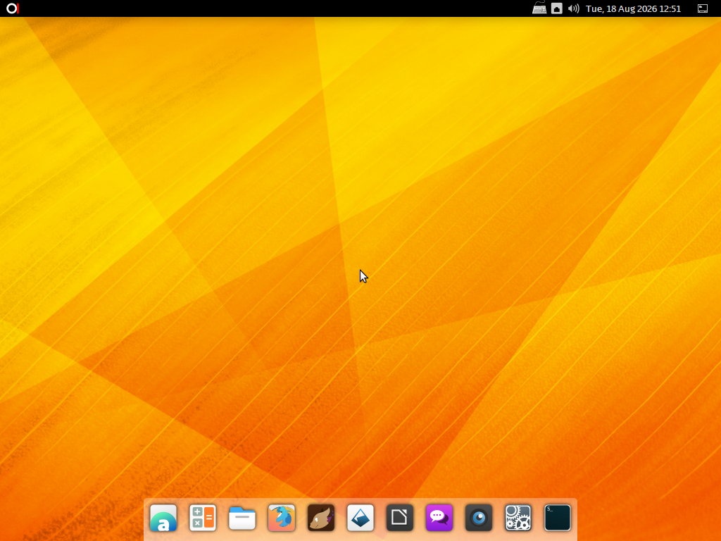 Desktop BlankOn 11 dengan bar ikon BlankOn di pojok kiri atas dan dok aplikasi di bagian bawah
