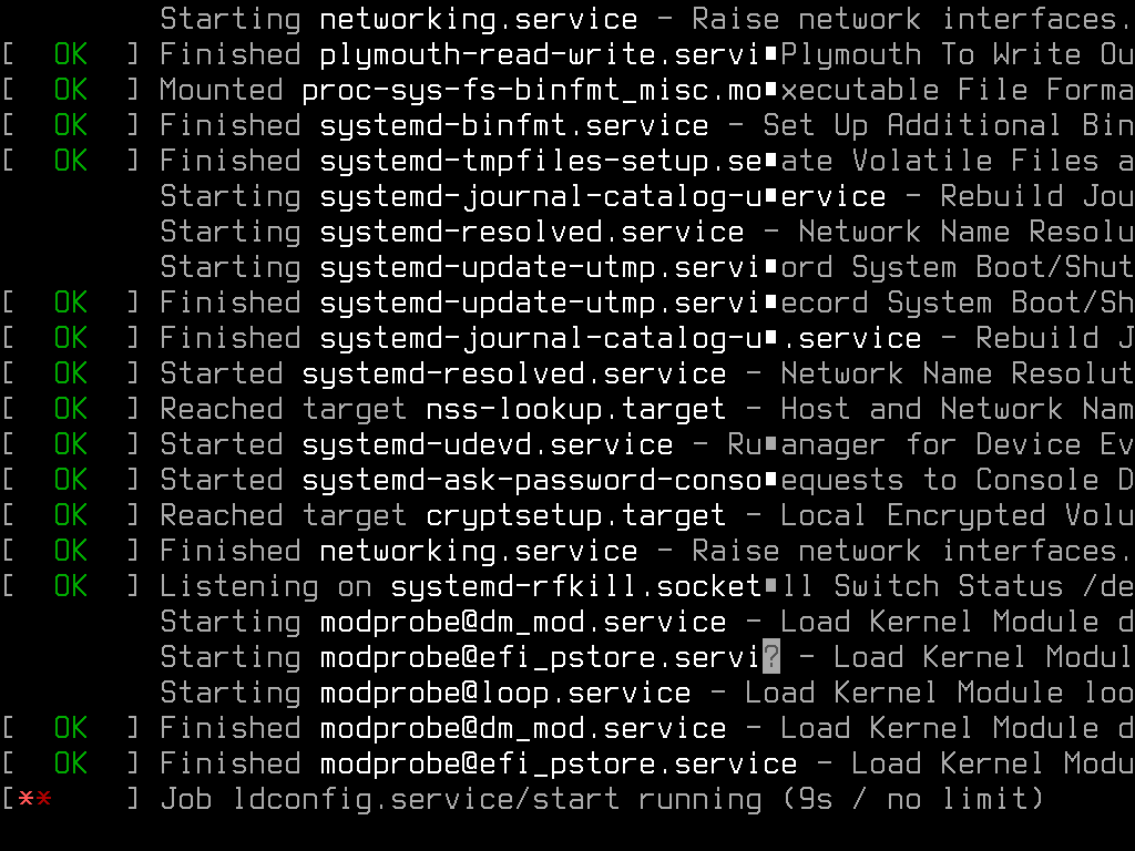 Layar hitam penuh baris teks bertanda OK hijau seperti Started systemd-udevd service dan Finished networking.service, baris terakhir Job ldconfig.service/start running 9s no limit