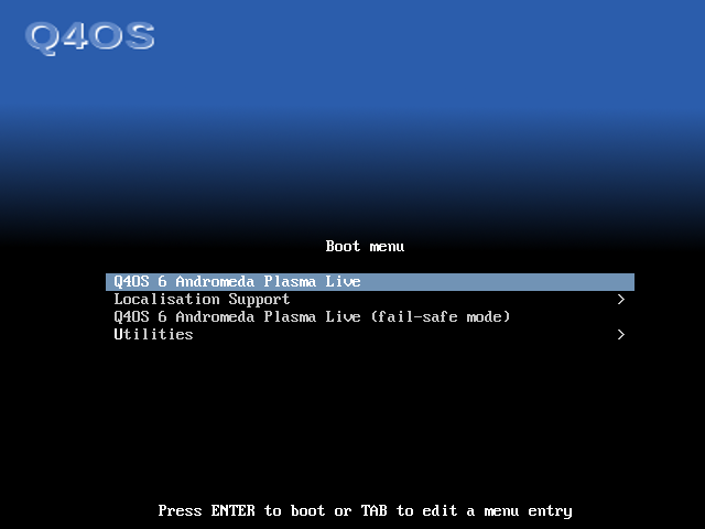 Menu boot Q4OS dengan logo Q4OS besar di kiri atas berlatar biru dan pilihan Q4OS 6 Andromeda Plasma Live tersorot