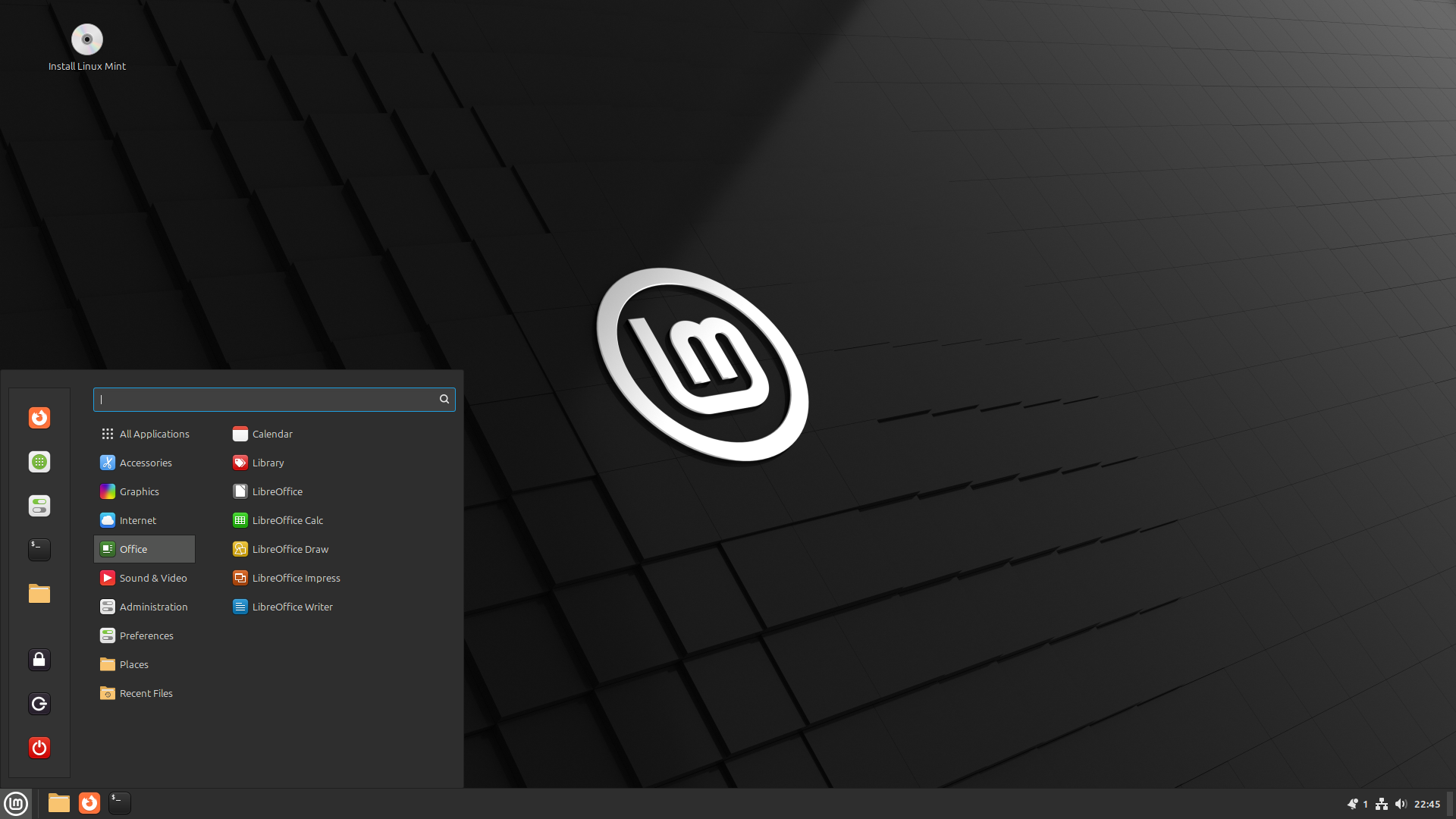 Tampilan desktop Linux Mint edisi Cinnamon dengan menu aplikasi terbuka