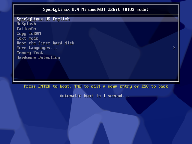 Menu boot SparkyLinux dengan judul SparkyLinux 8.4 MinimalGUI 32bit dan daftar pilihan boot
