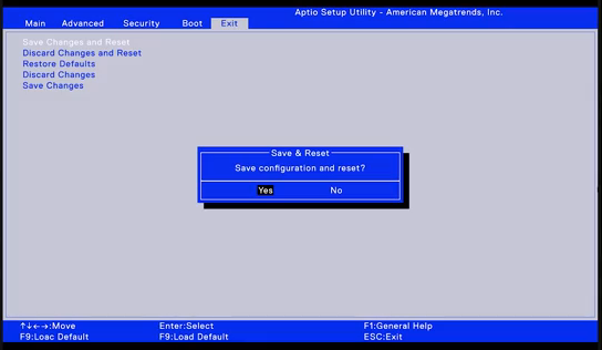 Tab Exit BIOS Dell Aptio dengan kotak konfirmasi Save configuration and reset