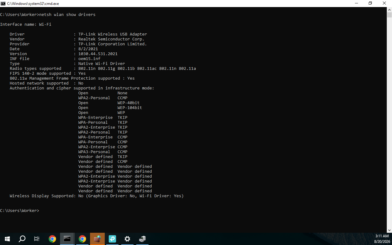 Command Prompt menampilkan hasil netsh wlan show drivers dengan Provider TP-Link Corporation Limited dan Radio types termasuk 802.11a dan 802.11ac