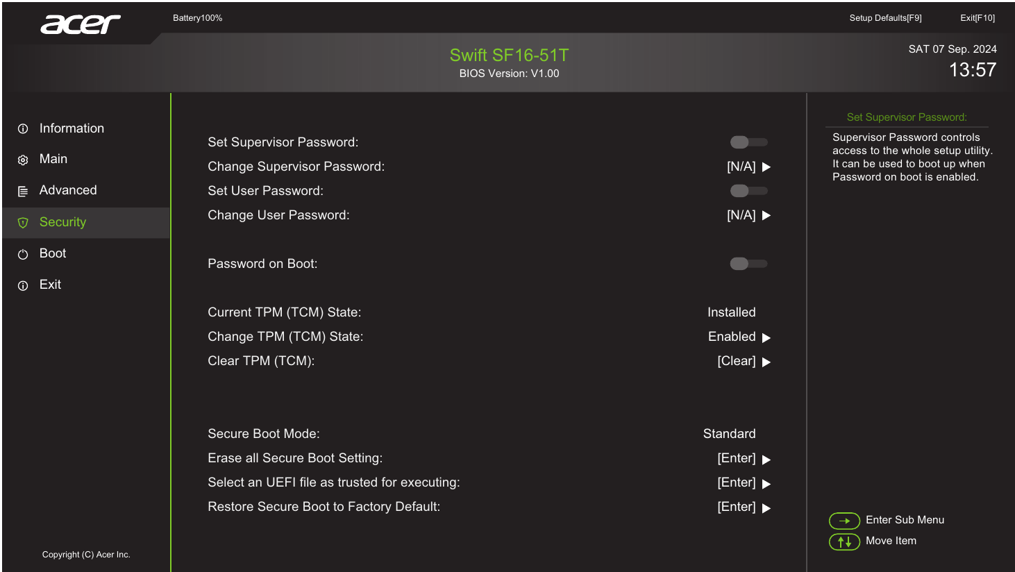 Tab Security BIOS Acer tampilan baru dengan sakelar Set Supervisor Password