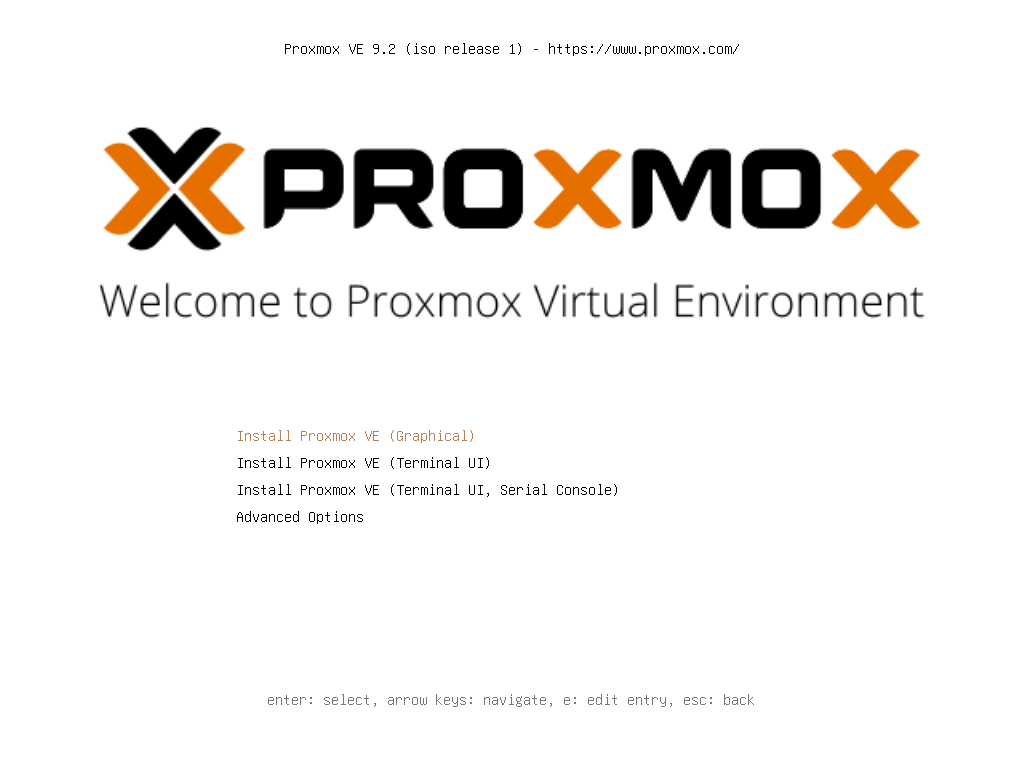 Menu boot DVD Proxmox VE 9.2 dengan pilihan Install Proxmox VE Graphical, Terminal UI, Terminal UI Serial Console, dan Advanced Options