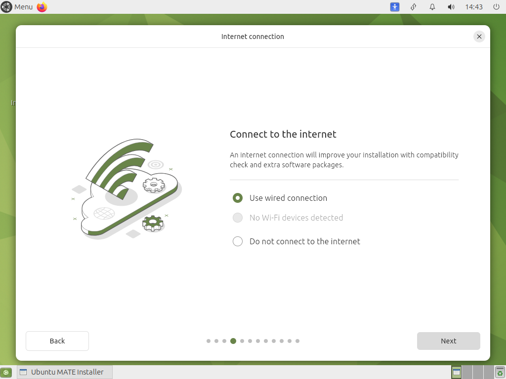 Layar Internet connection dengan tiga pilihan: Use wired connection terpilih, No Wi-Fi devices detected yang redup, dan Do not connect to the internet