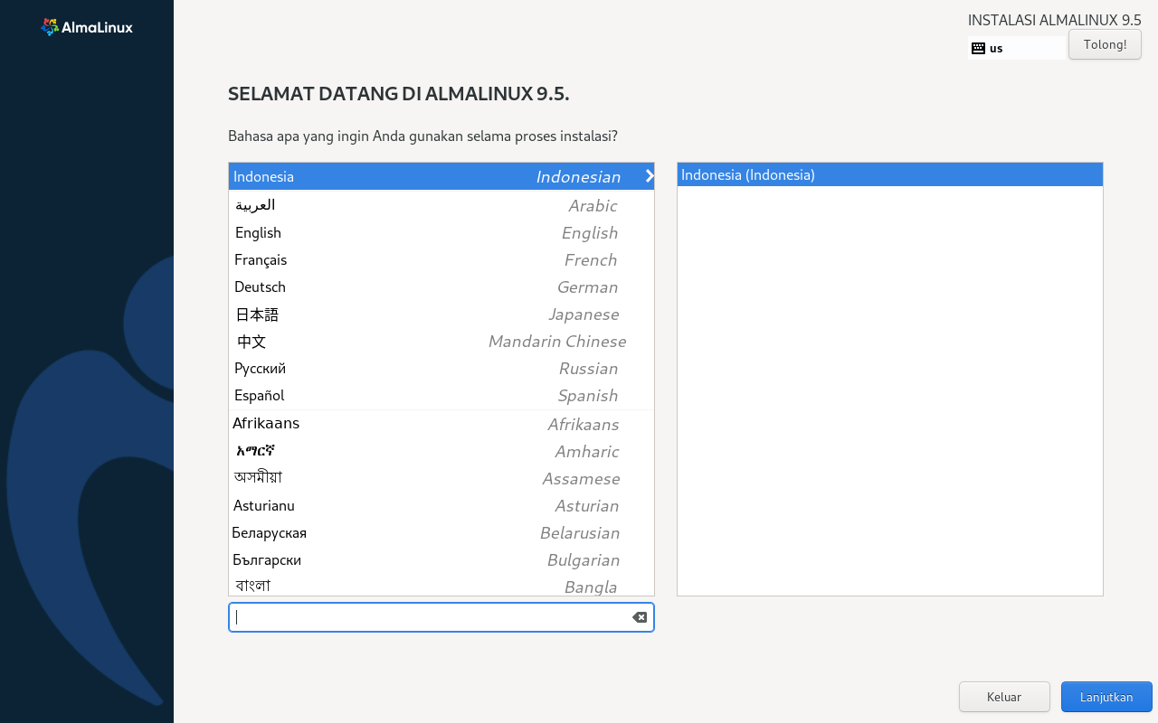 Layar selamat datang installer Anaconda AlmaLinux 9.5 dengan daftar pilihan bahasa termasuk Indonesian terpilih, dan tombol Lanjutkan di kanan bawah