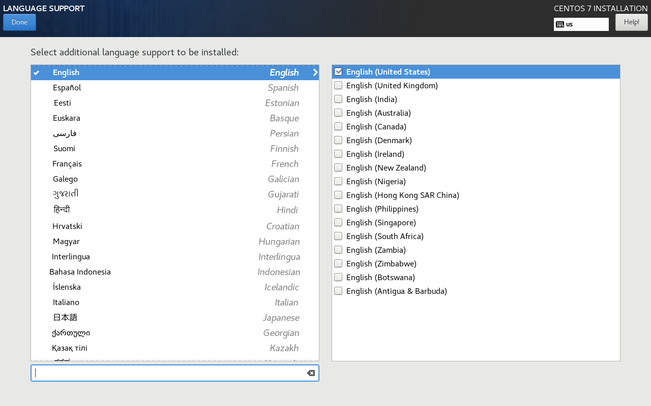 Layar Language Support CentOS 7 memperlihatkan daftar bahasa termasuk Bahasa Indonesia