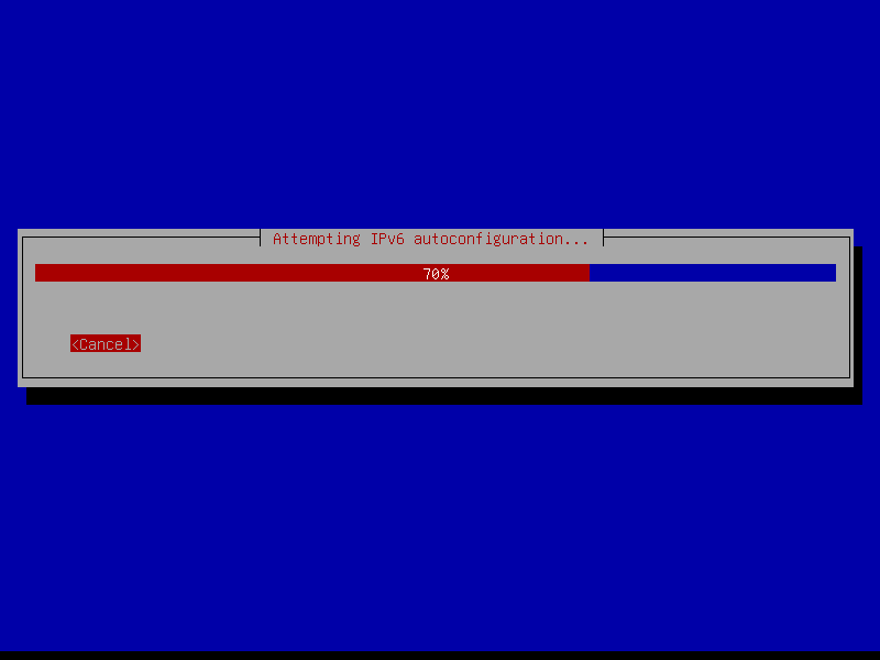 Kotak dialog Attempting IPv6 autoconfiguration dengan batang kemajuan merah di angka 70 persen dan tombol Cancel