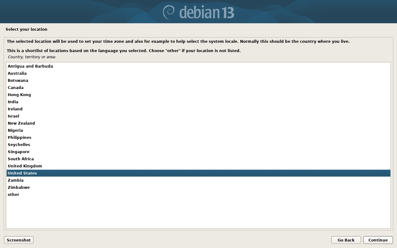 Layar Select your location Debian dengan daftar negara yang tidak memuat Indonesia