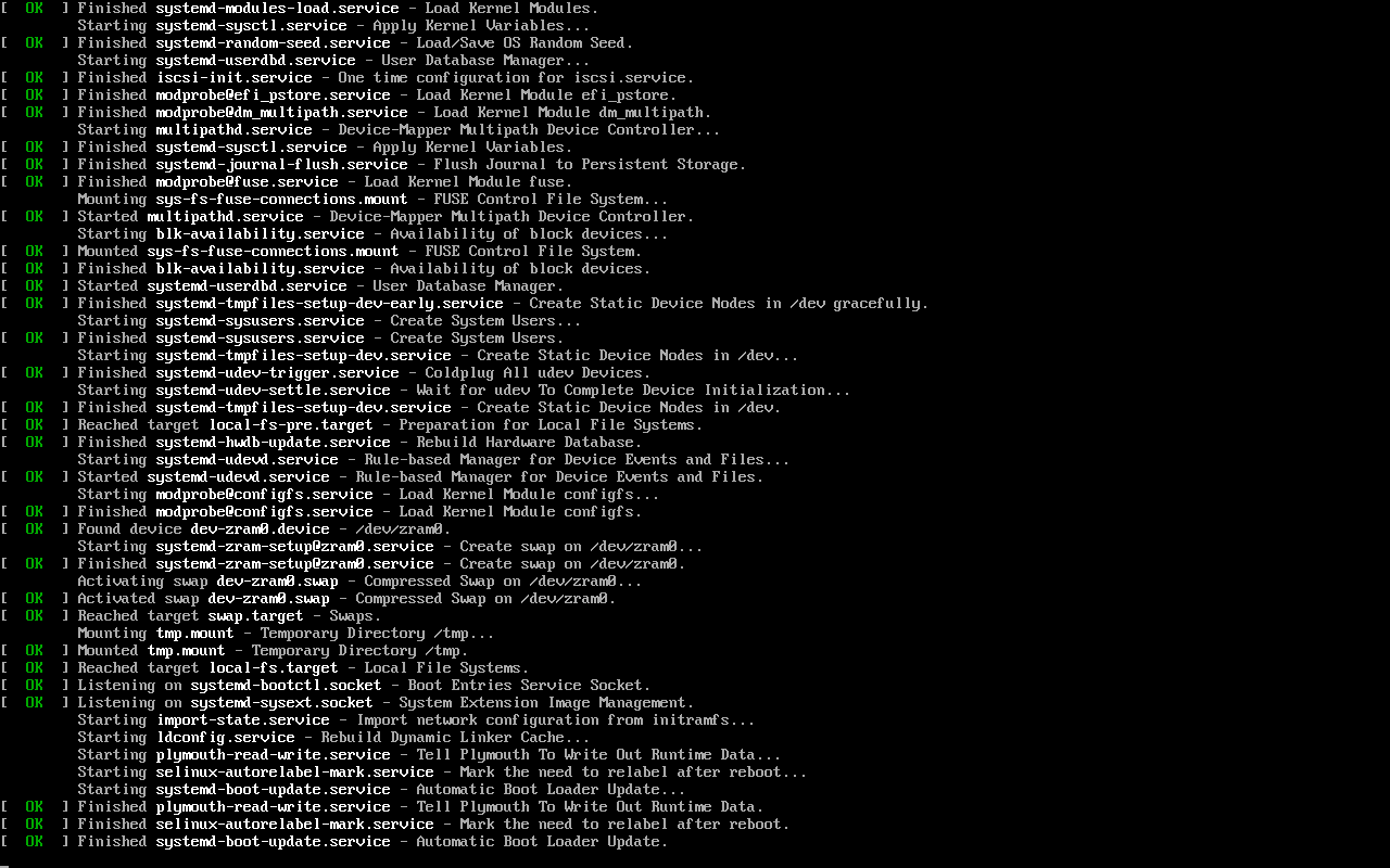 Log proses boot sistem Linux berisi puluhan baris berwarna hijau bertuliskan OK saat systemd memuat modul kernel, menyiapkan swap zram0, menjalankan systemd-udevd, dan mencapai target local-fs dan swap