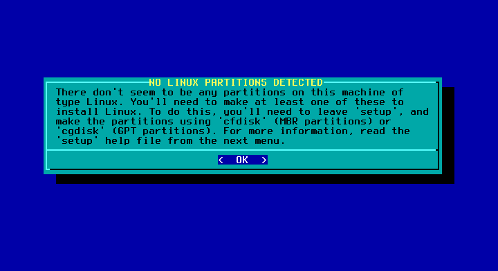 Pesan NO LINUX PARTITIONS DETECTED dari pemasang Slackware yang meminta partisi dibuat dulu memakai cfdisk atau cgdisk
