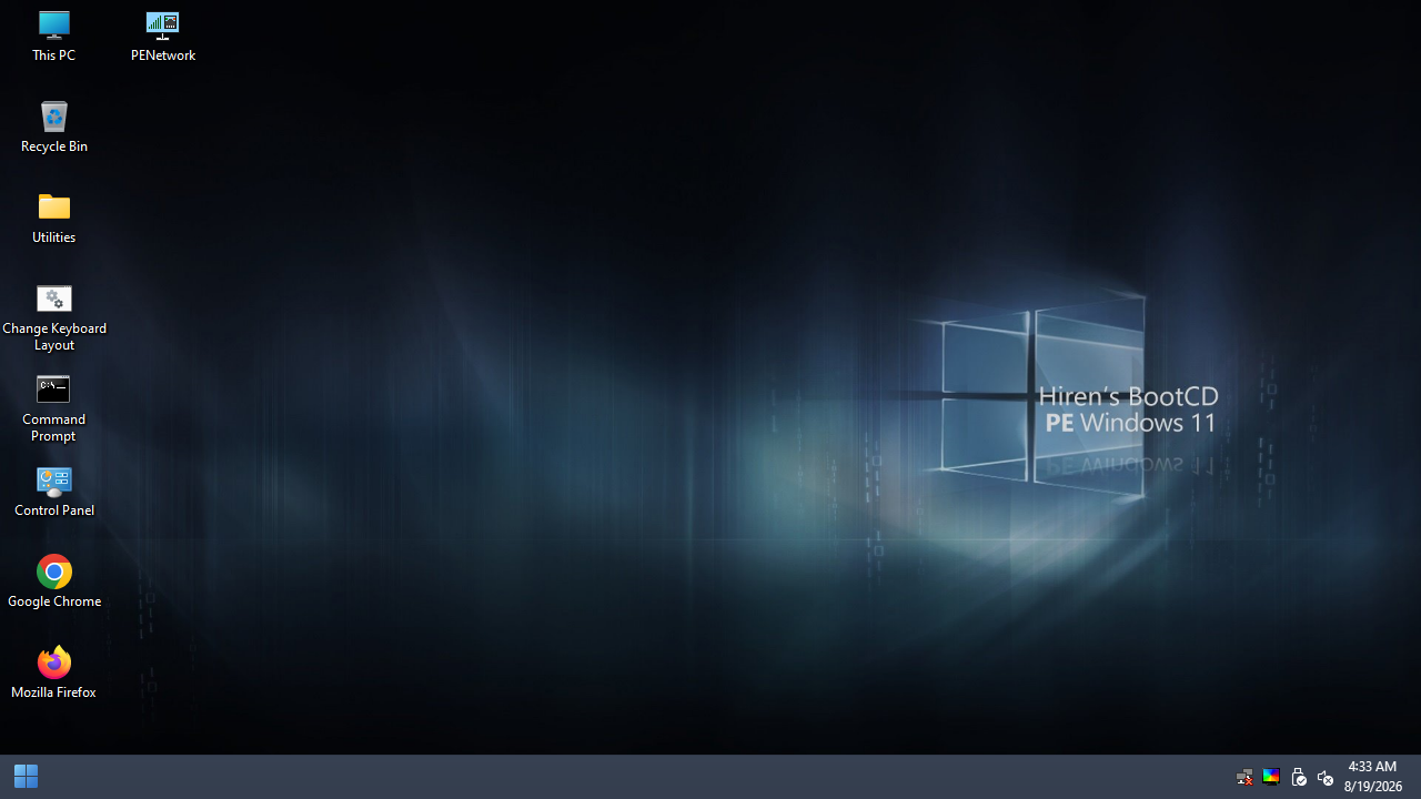 Desktop Hirens BootCD PE Windows 11 dengan ikon This PC, PENetwork, Recycle Bin, Utilities, Command Prompt, Control Panel, Google Chrome, dan Mozilla Firefox