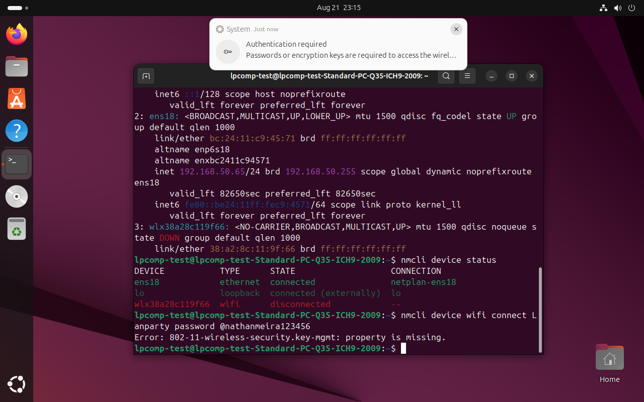 Terminal menampilkan error nmcli device wifi connect: 802-11-wireless-security.key-mgmt property is missing