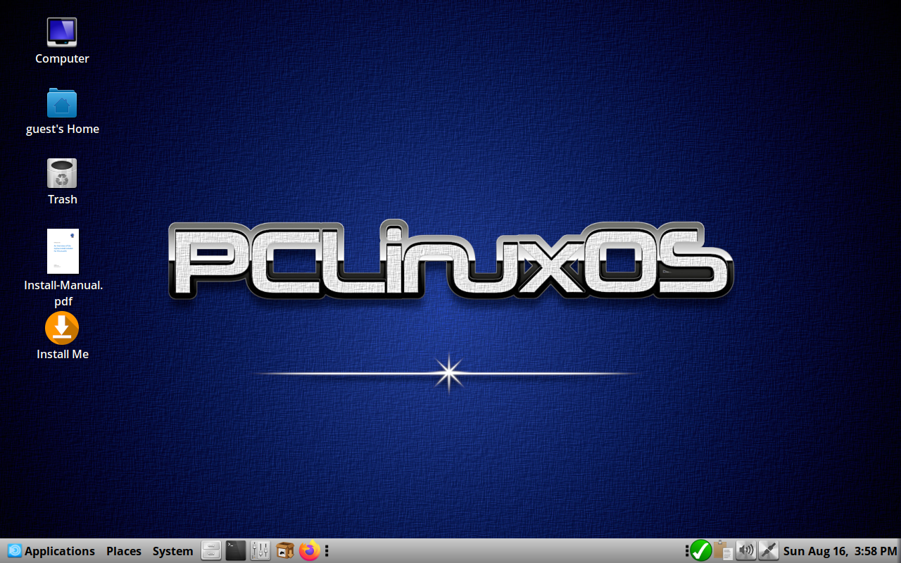 Desktop PCLinuxOS MATE dengan ikon Computer, guest Home, Trash, Install-Manual.pdf, dan ikon Install Me