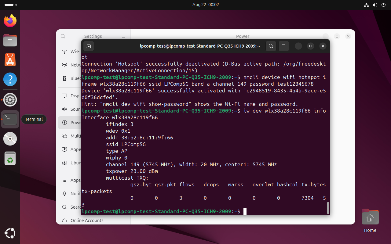 Terminal menjalankan nmcli device wifi hotspot dengan band a channel 149, diikuti iw dev info menampilkan channel 149 5745 MHz type AP