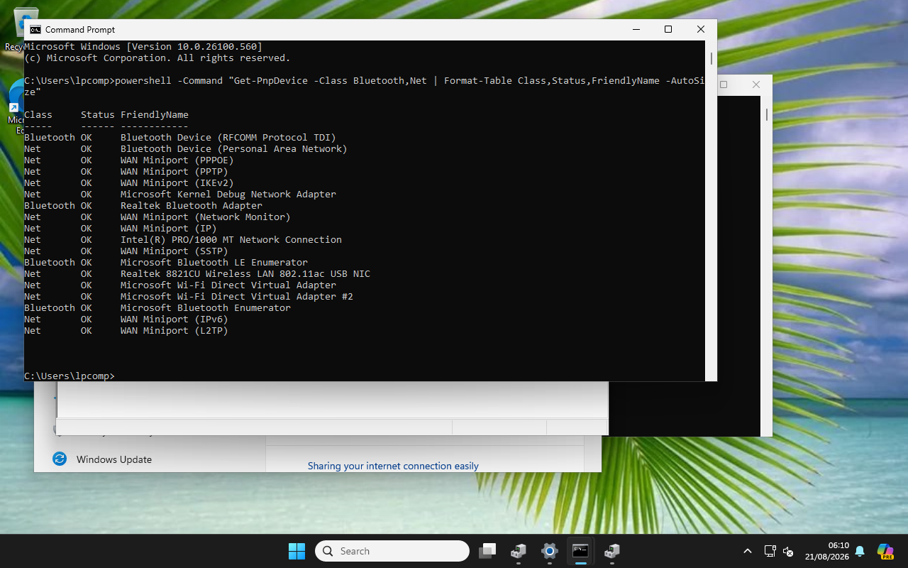 Command Prompt Windows 11 menampilkan status OK untuk Realtek Bluetooth Adapter dan Realtek 8821CU Wireless LAN 802.11ac USB NIC lewat Get-WmiObject Win32_PnPSignedDriver