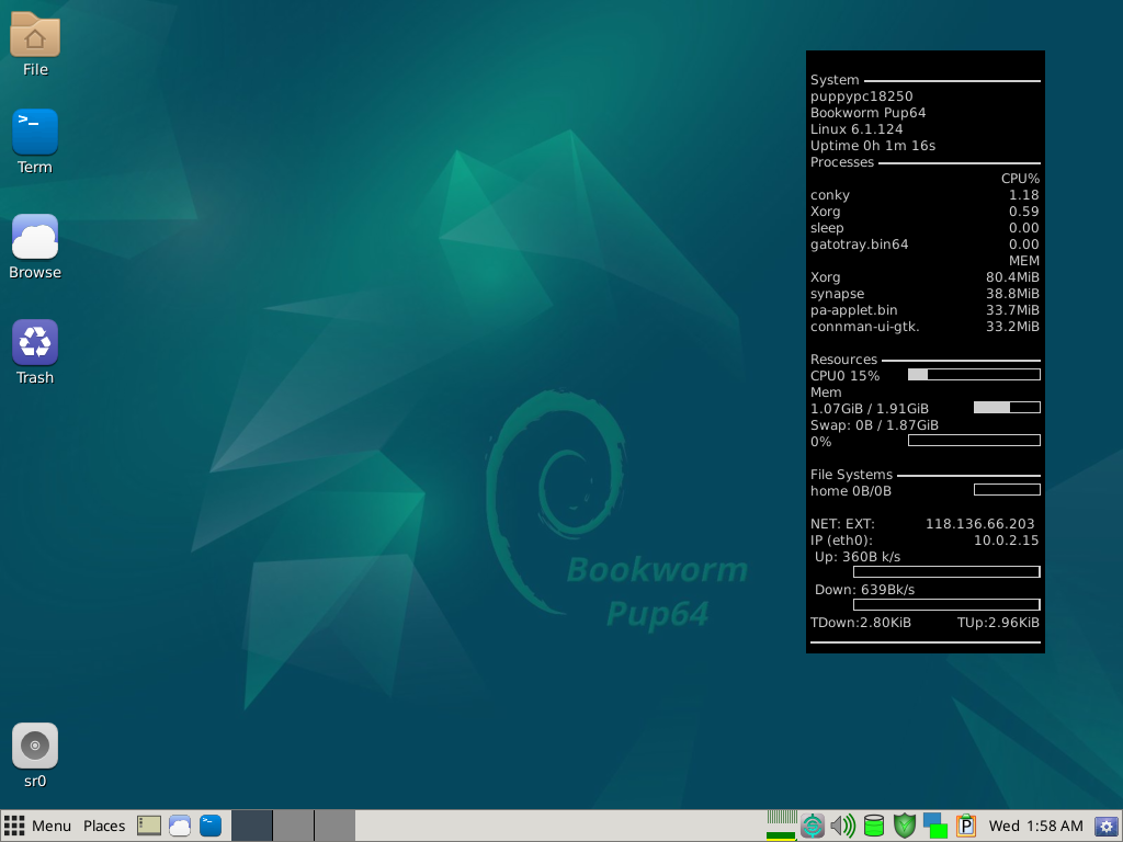 Desktop BookwormPup64 kosong hanya berisi ikon File, Term, Browse, Trash, dan drive sr0 di kiri, dengan panel conky di kanan menunjukkan pemakaian RAM 1,07 GiB dari 1,91 GiB