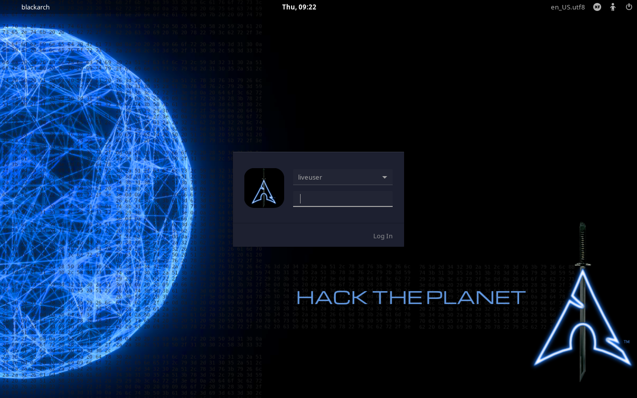 Layar login BlackArch dengan hostname blackarch, jam, keyboard layout en US, dropdown user liveuser, kolom kata sandi kosong, tulisan HACK THE PLANET dan logo pedang di kanan bawah, latar bola jaringan biru