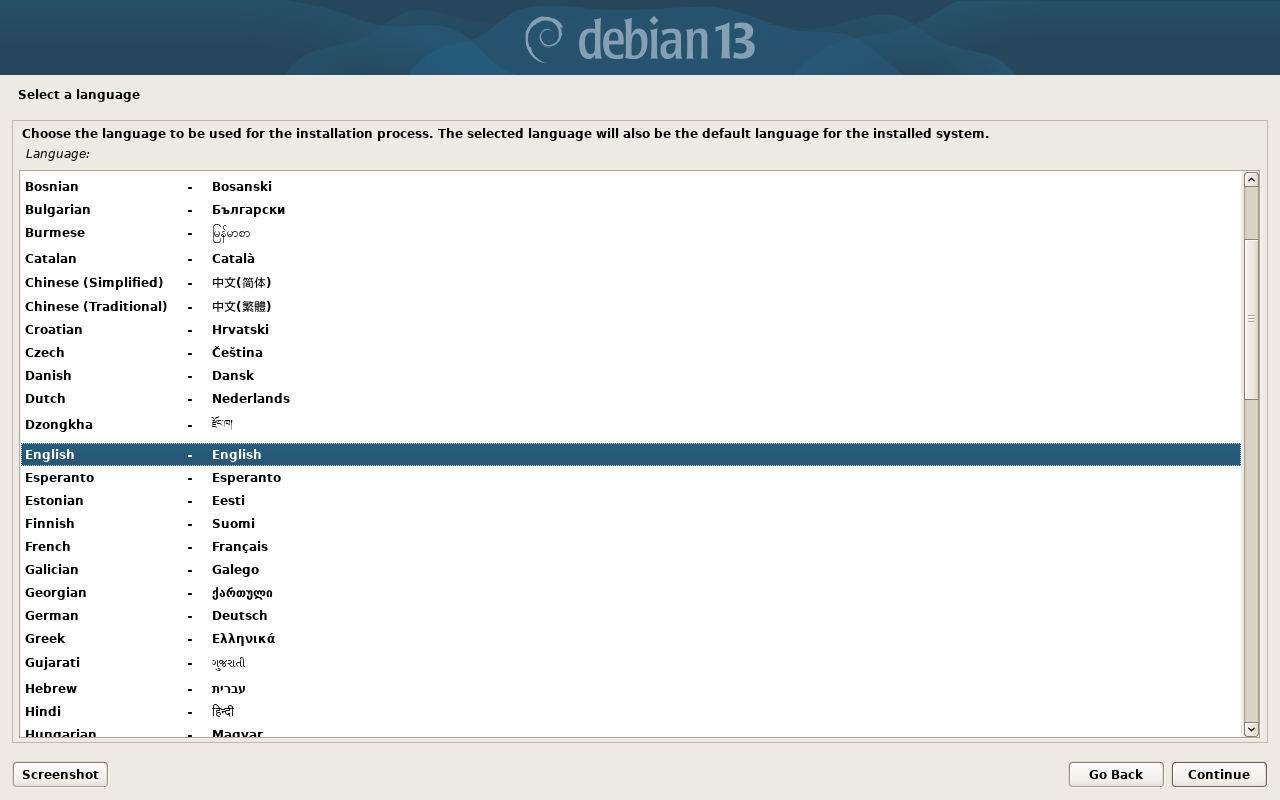 Layar Select a language pemasang Debian dengan English tersorot