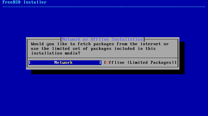 Layar Network or Offline Installation FreeBSD dengan pilihan Network dan Offline Limited Packages