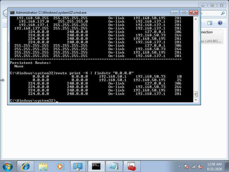 Route print menunjukkan dua default route 0.0.0.0 melalui dua adapter berbeda dengan metric berbeda