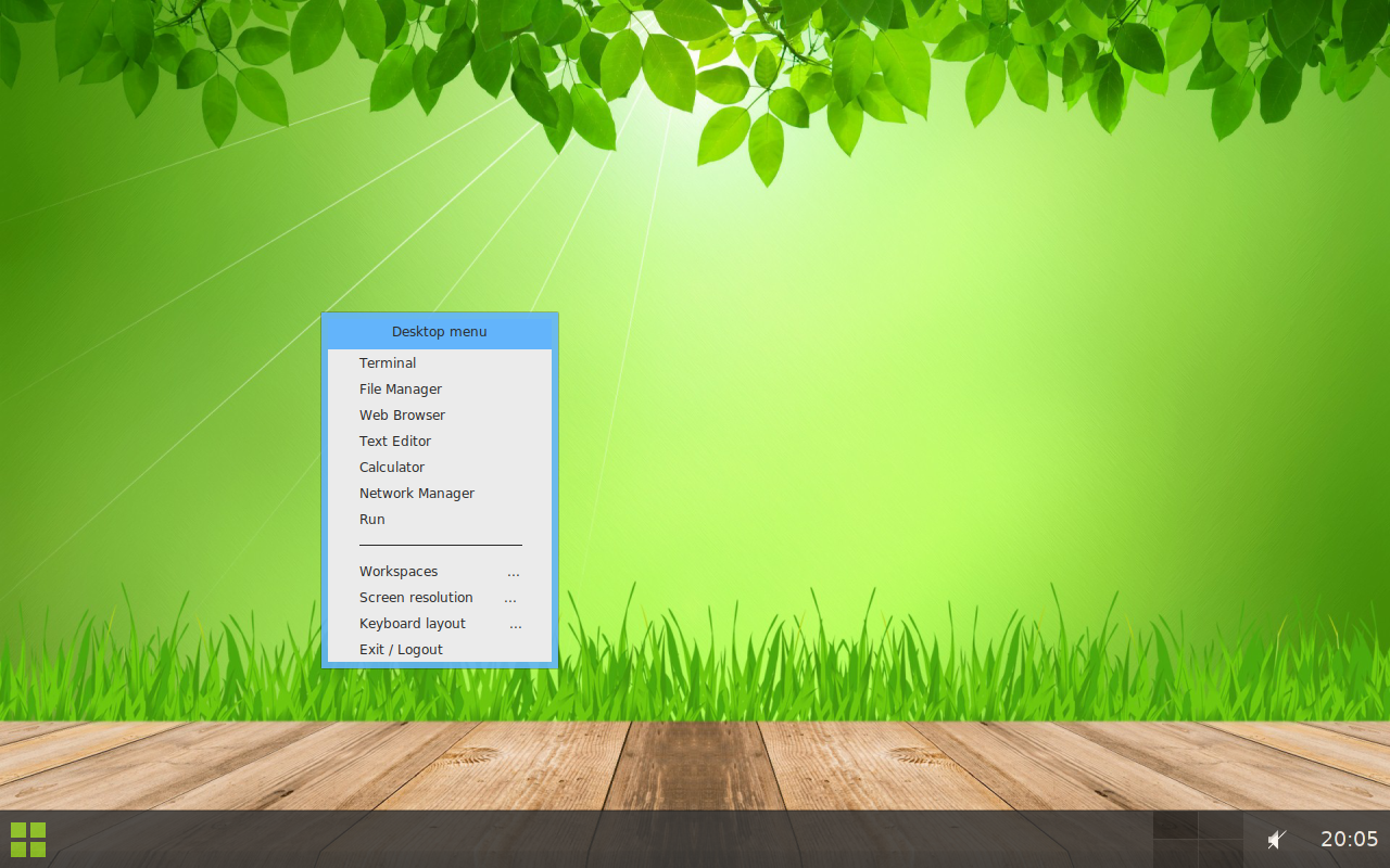 Desktop menu Slax hasil klik kanan berisi Terminal, File Manager, Web Browser, Text Editor, Calculator, Network Manager, Run, Workspaces, Screen resolution, Keyboard layout, dan Exit