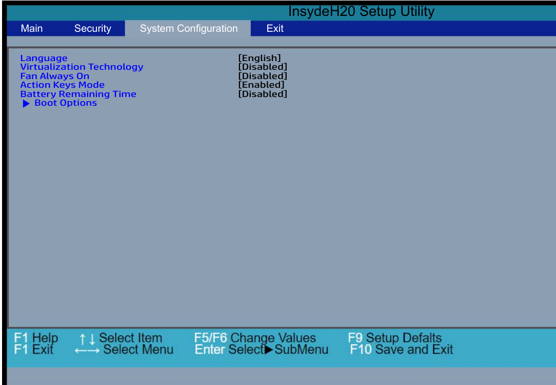 Tab System Configuration dengan submenu Boot Options
