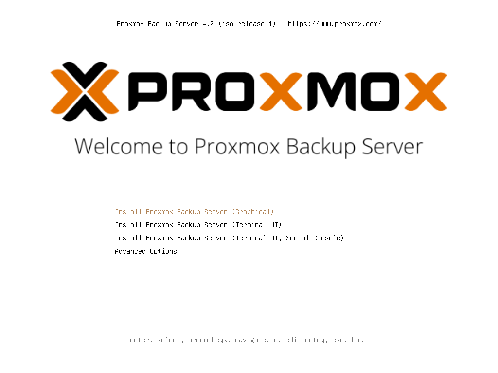 Menu boot DVD Proxmox Backup Server 4.2 dengan logo Proxmox dan pilihan Install Proxmox Backup Server Graphical, Terminal UI, Terminal UI Serial Console, dan Advanced Options