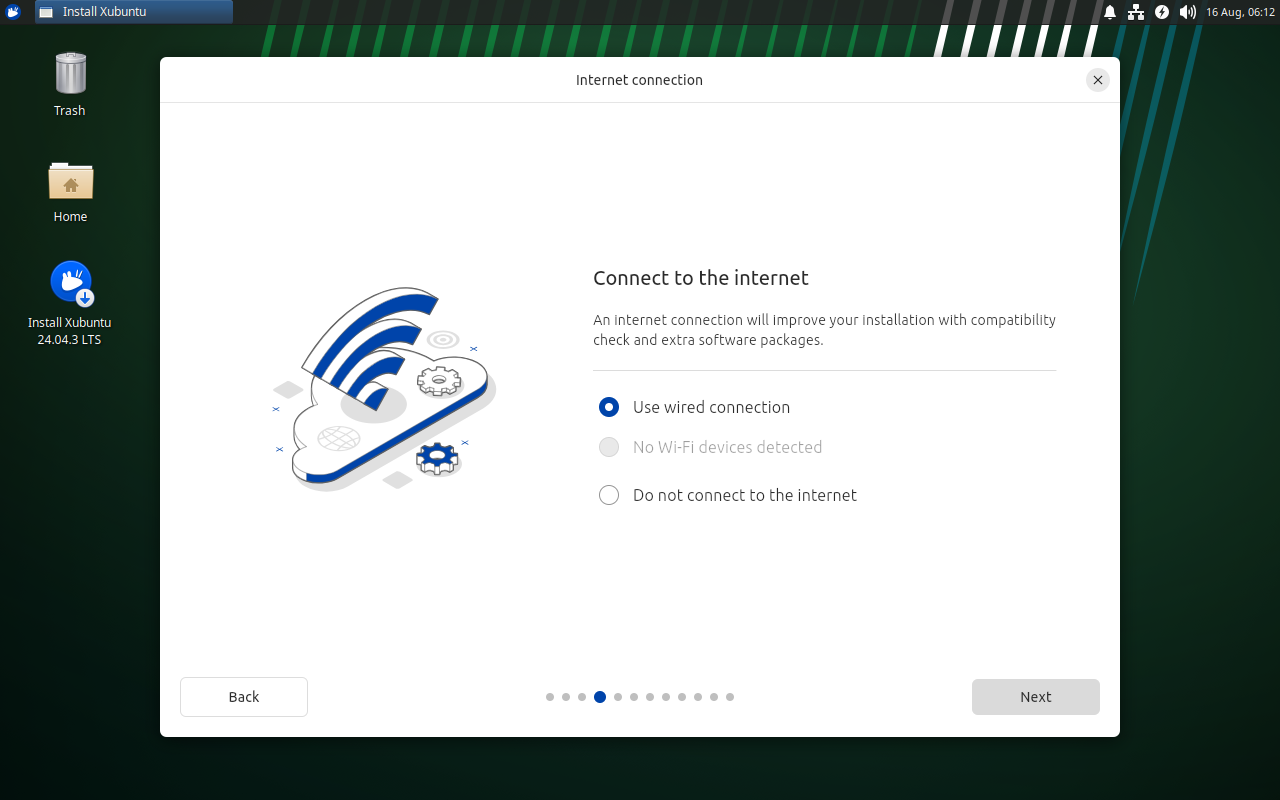 Layar Connect to the internet Xubuntu dengan tiga pilihan koneksi