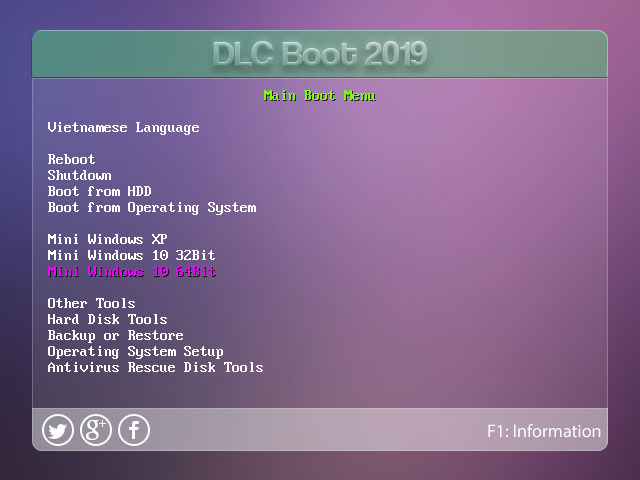 Baris Mini Windows 10 64Bit tersorot di menu Legacy DLC Boot 2019
