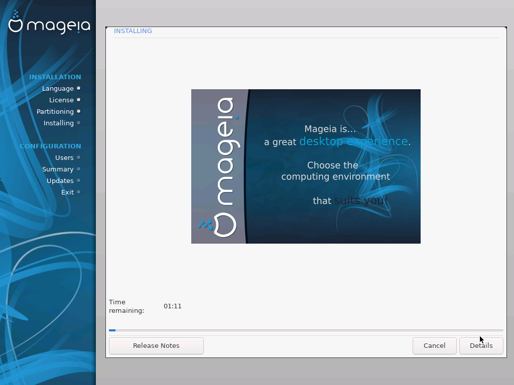Layar instalasi Mageia 7.1 menampilkan slide 