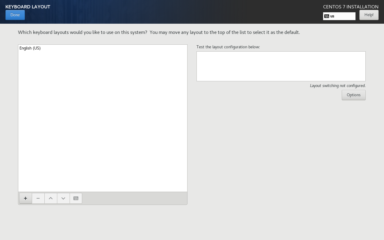 Layar Keyboard Layout CentOS 7 dengan tata letak English US terpilih