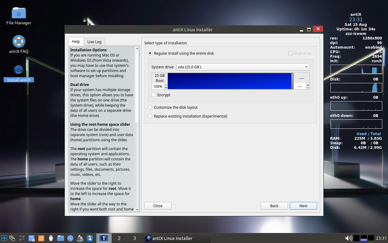 Layar Select type of installation antiX dengan pilihan Regular install using the entire disk