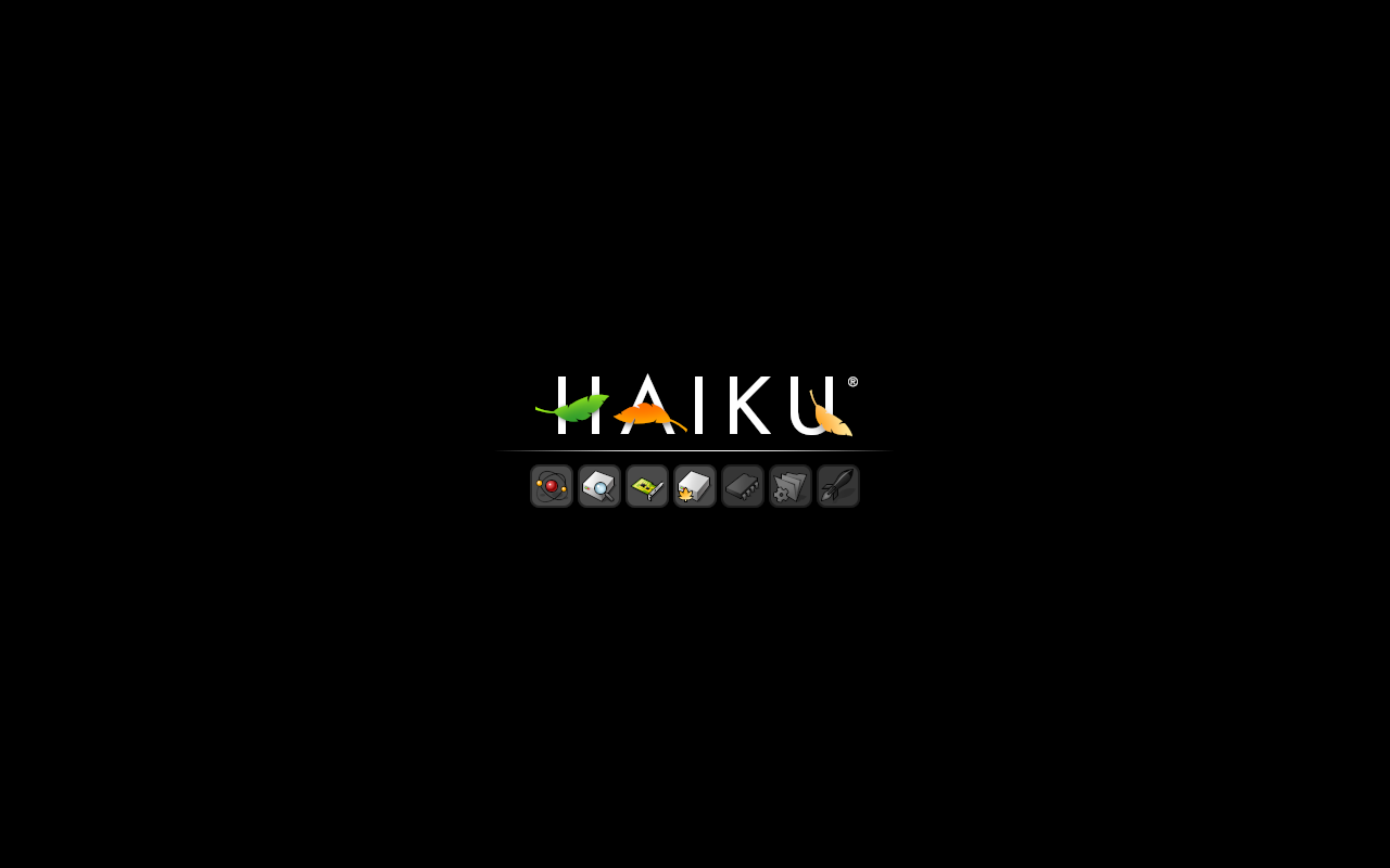 Layar boot Haiku dengan logo HAIKU putih dan tujuh ikon status inisialisasi perangkat berjejer di bawahnya, latar hitam